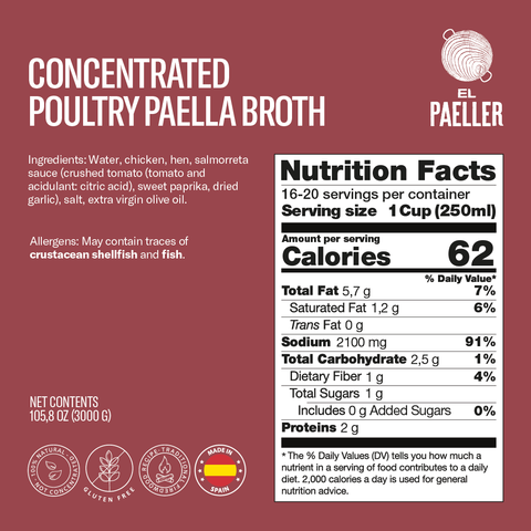 El Paeller Concentrated Poultry Paella Broth 3000g label - 105.8 oz can, 16-20 servings