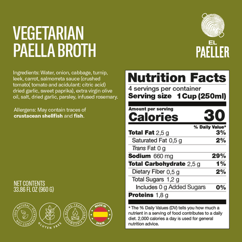 El Paeller Vegetarian Broth 1000g label - 33.8 fl oz can, 100% natural