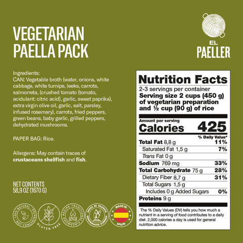 El Paeller Vegetarian Paella Pack label - 100% natural wood-fired ingredients