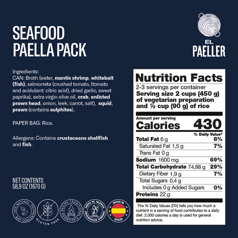 El Paeller Seafood Paella Pack label - 100% natural wood-fired ingredients