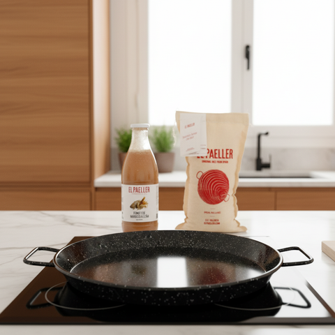 El Paeller enameled paella pan side view - compatible with induction and gas