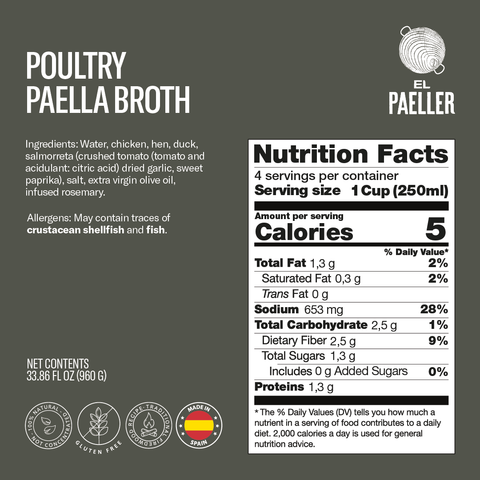 El Paeller Gourmet Poultry Paella Broth 1000g label - 33.8 fl oz can, 100% natural