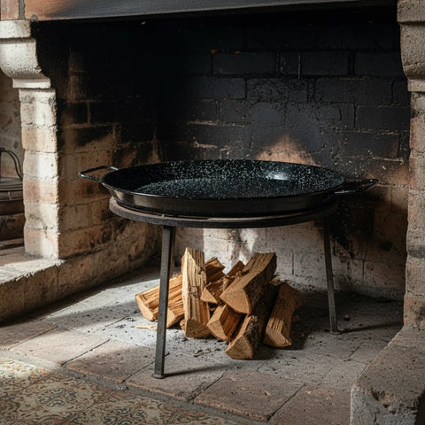 El Paeller Enameled Paella Pan - pan over a wood fire in a fireplace
