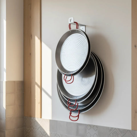 El Paeller Polished Carbon Steel Paella Pan - pans hanging on a wall hook